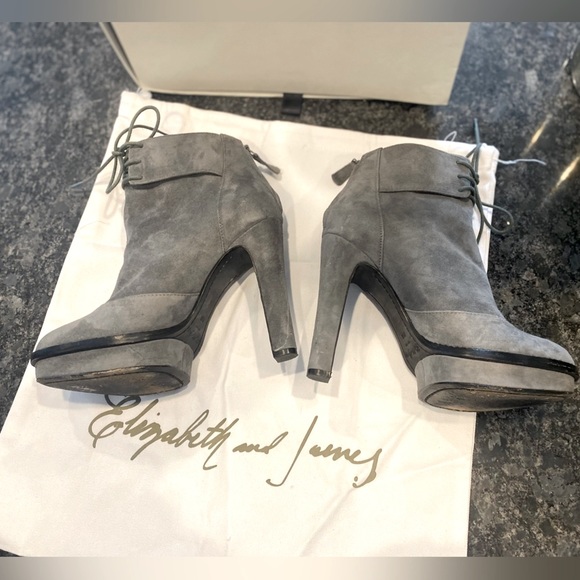 Elizabeth & James Suede Heather grey and black trim high Heel boots lace up  top - Picture 11 of 15